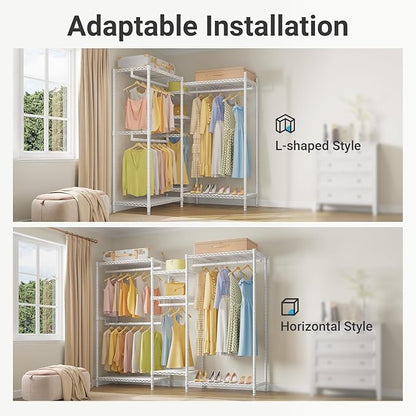 VIPEK L6 Heavy Duty Clothes Rack L Shape Clothing Rack 5-Tier Wire Garment Rack Freestanding Closet with 7 Adjustable Shelves & 4 Hanging Rods, 42.1" L x 42.1" W x 76.4" H, Max Load 850LBS, White