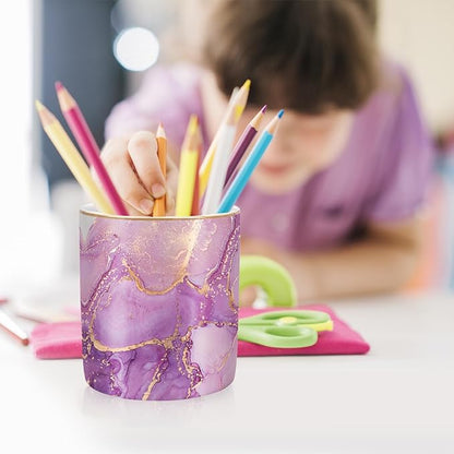 WAVEYU Pen Holder for Desk, Cute Ceramic Pencil Holder, Pen Cup Marker Holder Makeup Brush Holders, Desk Accessories & Workspace Organizers for Home, Office, Purple Marble