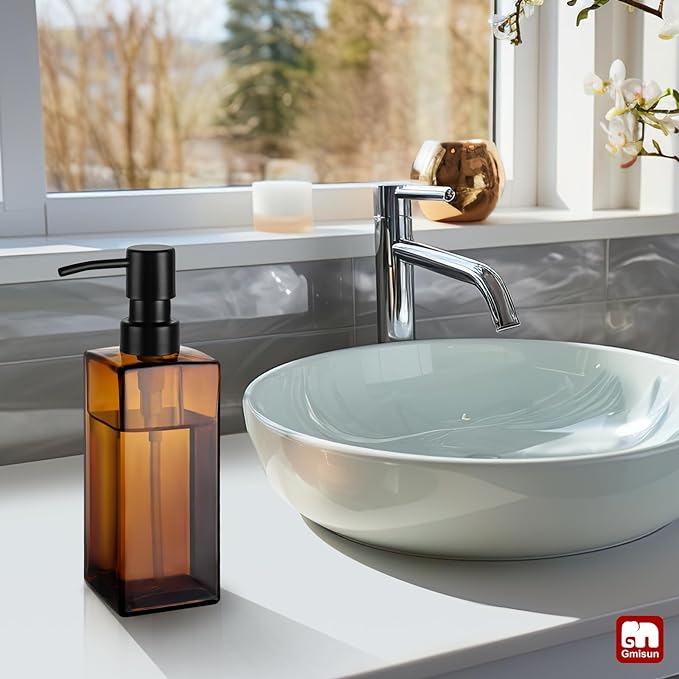GMISUN Amber Glass Soap Dispenser, Hand Soap Dispenser with Stainless Steel Pump for Bathroom, 12 fl oz/350ml Refillable Dish Dispensers for Kitchen, Modern Liquid Lotion Bottles for Countertop