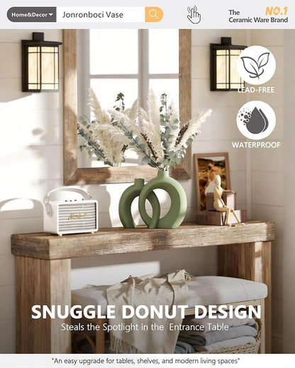 Set of 2 Sage Green Ceramic Vases for Home Decor Accents - Unique Hollow Donut Artistic Design Modern Boho Farmhouse Style Decorative Vases for Shelf, Mantel, Entryway Table Decor (Matte Green)