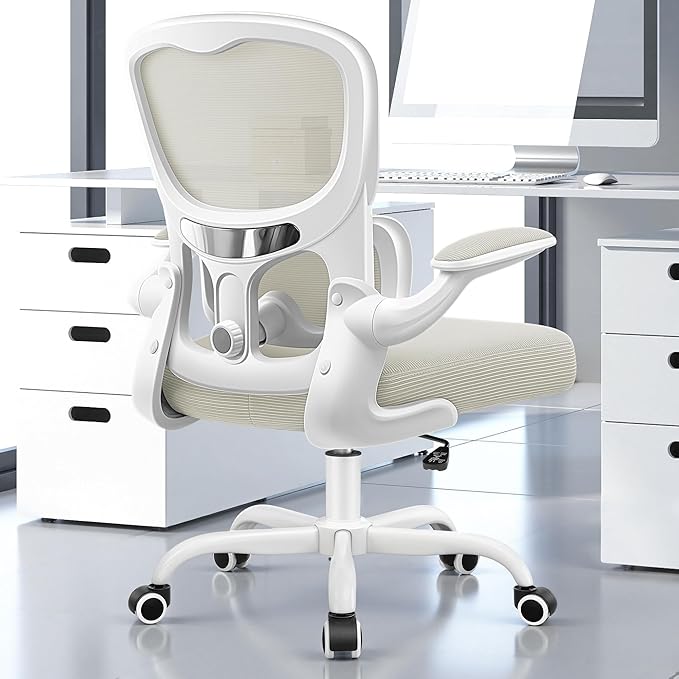 Ergonomic Office Chair, Breathable Mesh Ergonomic Desk Chair with Adjustable Lumbar Support, Flip-up Armrests, Computer Chairs Comfortable for Home, Office, Work, 300lbs, White