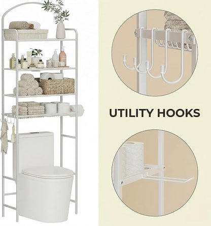 4-Tier Over The Toilet Storage, Bathroom Organizer, Space-Saving, 72" H Above Toilet Storage Rack with 4 Hooks and Paper Holder, Metal Shelf, White
