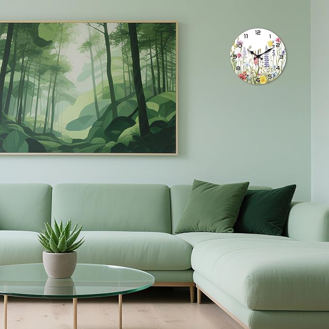 peacoblue Wall Clocks Battery Operated 12 Inch Wildflowers Glass Round Wall Clock Non Ticking for Kitchen Living Room Dining Room Bedroom and Bathroom Decor Accessories (Battery not Included)
