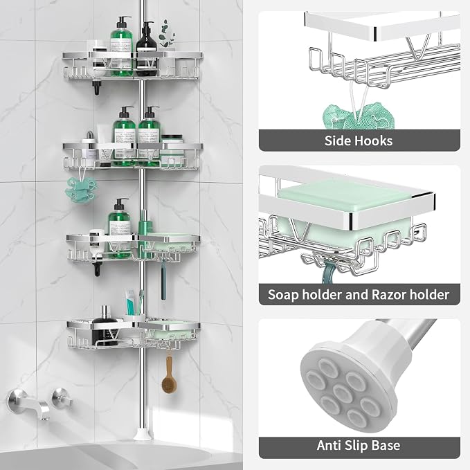 DAOYA Corner Shower Caddy Tension Pole - Chrome Tension Rod Shower Caddy Adjustable Shampoo Holder for Bathroom/Bathtub/RV, Stainless Steel, Floor to Ceiling 25-114.2 inch