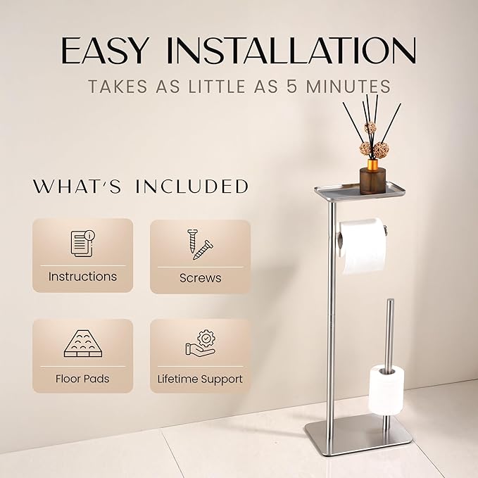 Day Moon™ - Toilet Paper Holder - Modern Roll Holder for Bathroom - 1 Pack - Free Standing - with Shelf, Brushed Nickel