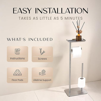 Day Moon™ - Toilet Paper Holder - Modern Roll Holder for Bathroom - 1 Pack - Free Standing - with Shelf, Brushed Nickel