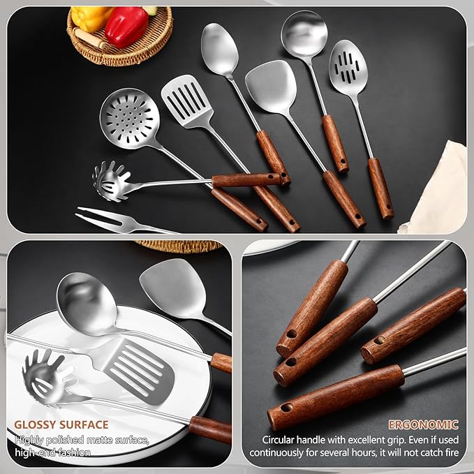 304 Stainless Steel Kitchen Utensils Set, 8 Pcs Long Cooking Utensils Set with Wooden Handle, Large Heat Resistant Kitchen Tools(Dishwasher Safe)