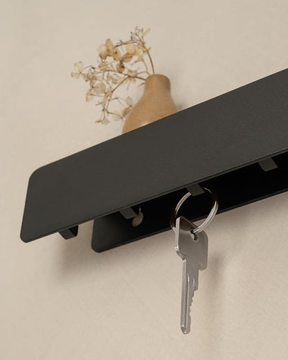 Kazai. Key Holder for Wall 'Kian' | Minimalist Key Rack Design from Berlin | Modern Metal Wall Key Hooks with Shelf | Mail and Key Holder for Entryway | Black