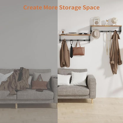 Coat Rack Wall Mount, Wood Wall Shelf with Hooks, Coat Hanger Wall Mount with 4 Metal Hooks, Wall Mounted Coat Rack Organizer for Entryway, Bedroom, Living Room, Room Decor, Brown 2 Pack