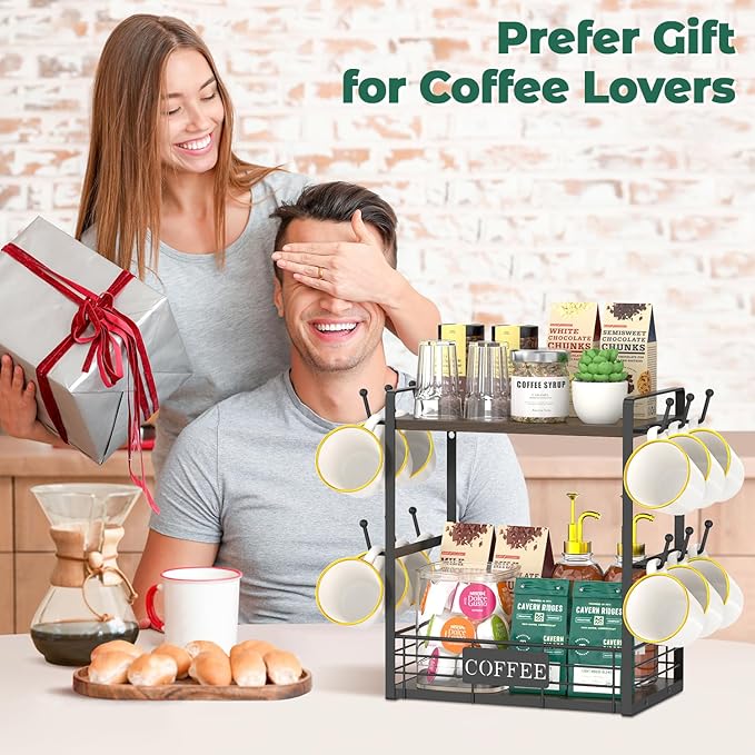 EsLuker.ly Coffee Mug Cup Holder Tree Bar Station Organizer, 2 Tier Mug Stand Rack for Countertop Kitchen, Storage Tower Display Shelf with 12 Hooks, Coffee Nook Enhancer, Brown-Black