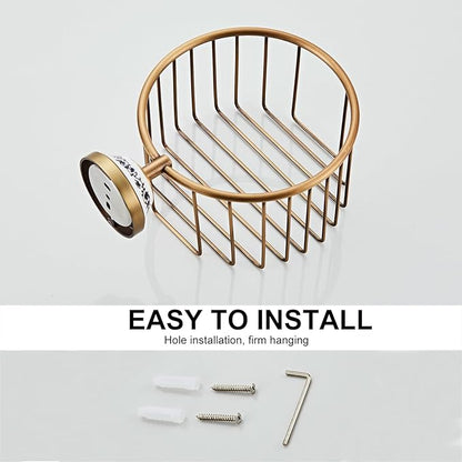 Bathroom Storage, NEWRAIN Wall Mounted Toilet Roll Holder Basket, Antique Brass Toilet Paper Storage Rack, Vintage Bathroom Organizers