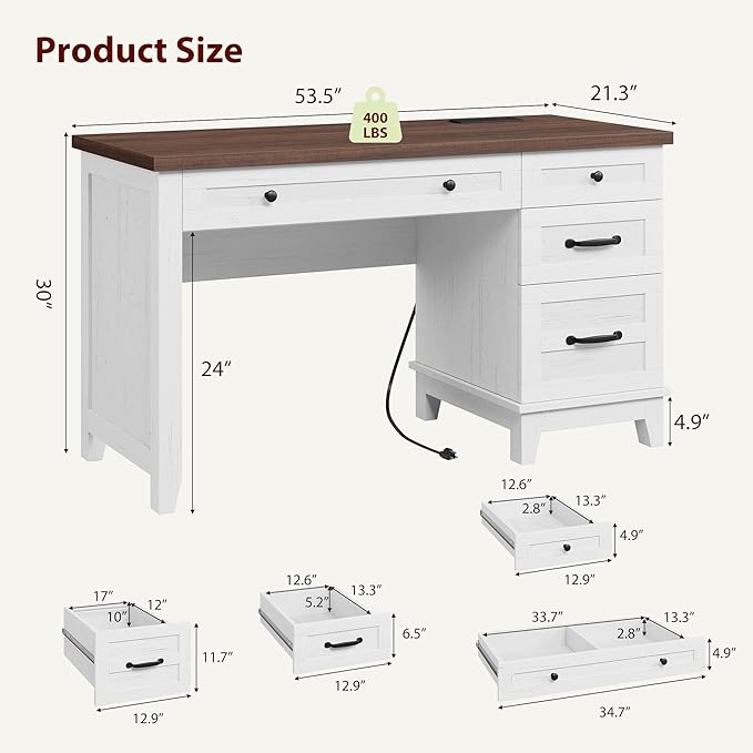 53.5" Executive Desk with Power Outlet, Home Office Desk with Drawers, Wooden Work Desk with File Cabinet, Computer Desk for Work, Study, Writing, White and Brown