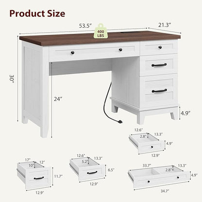 53.5" Executive Desk with Power Outlet, Home Office Desk with Drawers, Wooden Work Desk with File Cabinet, Computer Desk for Work, Study, Writing, White and Brown