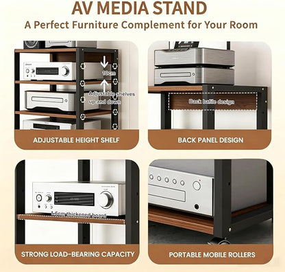 5 Tier AV Media Stand, Audio Rack Tower Stereo Components Cabinet, Home Theatre CD Record Player Stereo Receiver Equipment Rack with Adjustable Wood Shelves, Load 220lbs (Walnut Brown)