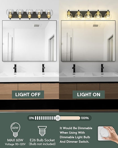 Bathroom Light Fixtures, 5-Light Black and Gold Bathroom Vanity Light, 32 Inch Modern Wall Sconces with Globe Clear Glass Shade, Vanity Lighting Fixtures Over Mirror, VL195-KG-5