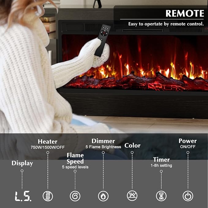 LEMBERI 70" Fireplace TV Stand for TVs up to 80", 36" Electric Fireplace 750W/1500W Entertainment Center with 20-Color LED, 300lbs Max Capacity High Gloss Storage Cabinet Console, Black