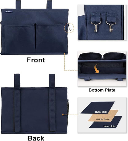 Surblue Bedside Caddy Hanging Organizer Storage Bag Pocket for Bunk, Hospital, College Dorm Rooms, Baby Bed Rails, Camp - 4 Pockets, 2 Hooks (Blue)