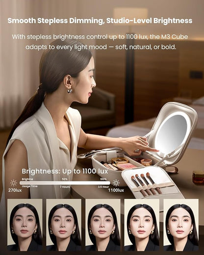 AMIRO M3 Cube Makeup Bag with Lighted Mirror, Stepless Brightness & 3 Color Modes, MagSafe Magnetic Mirror, Portable Travel Organizer with 1100lux Lighting, 4.5L Storage, Waterproof, 10 inches, White