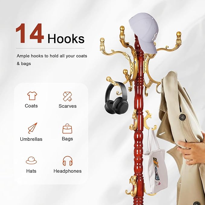Wooden Coat rack freestanding, Coat racks stand with 14 Hook, Heavy duty coat tree standing 3 Adjustable Heights for Bedroom, Entryway, Hallway, Office,Stury Base (Begonia)