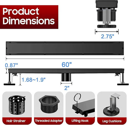 DLONE Linear Shower Drain | 60" AISI 304 Stainless Steel Linear Drain, Matte Black Shower Drain with Tile Insert Panel & Adjustable Feet, Long Rectangle Shower Floor Drain in Bathroom, Balcony, etc