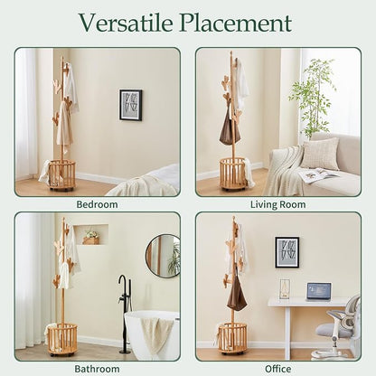 Wood Coat Rack with Umbrella Holder - Wooden Coat Tree Rack Freestanding Heavy Duty Stand with 12 Hooks, Rolling Hat Hanger Racks with Wheels for Bedroom Entryway Hallway Livingroom Corner (Natural)