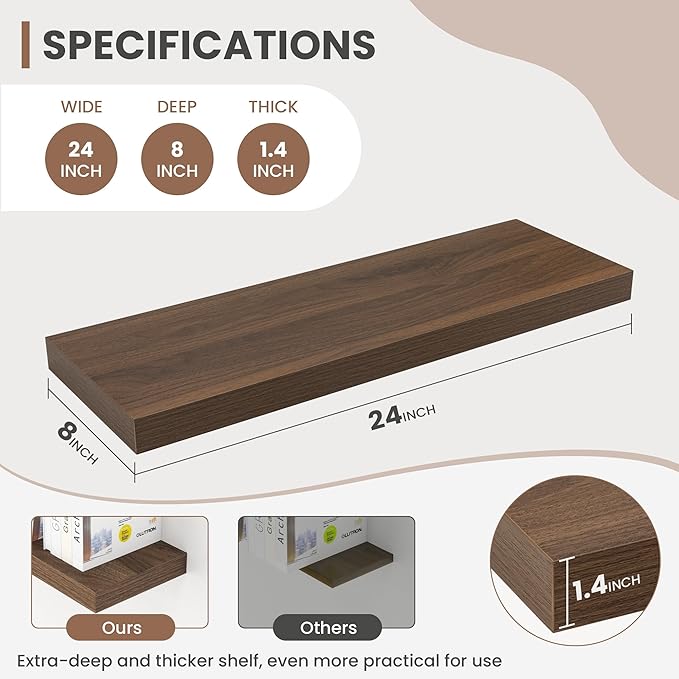 Acovy 24 Inch Floating Shelves, 8 Inch Deep Floating Shelves for Wall, Hanging Shelf with Invisible Brackets, Deep Shelves for Bathroom, Bedroom, Living Room, Walnut, Set of 2