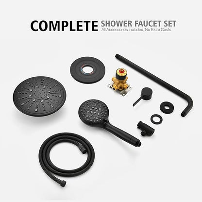 sumerain Matte Black Shower System, Handheld Showerhead with Filters for Hard Water, 9" High Pressure Multiple Modes Rain Shower Head, Valve Included