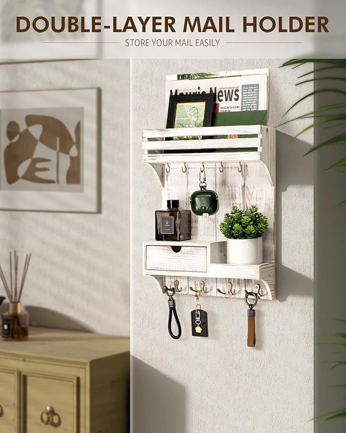 Rebee Vision Farmhouse Key Holder Wall Mount with Mini Drawer Organizer - Decorative Mail Organizer with 9 Key Hooks & Shelf - Ideal Apartment Essentials for Home Decor (Whitewash)