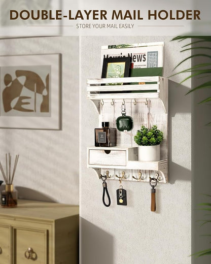 Rebee Vision Farmhouse Key Holder Wall Mount with Mini Drawer Organizer - Decorative Mail Organizer with 9 Key Hooks & Shelf - Ideal Apartment Essentials for Home Decor (Whitewash)