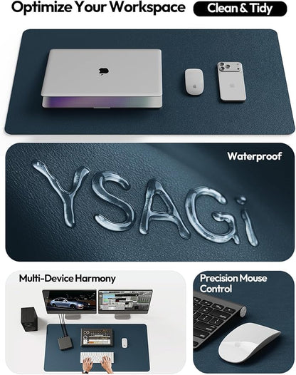 YSAGi Leather Desk Protector, Office Mat, Large Mouse Mat, Non-Slip PU Leather Blotter, Laptop Pad, Waterproof Writing Pad for Office and Home (Dark Blue, 35.4" x 17")