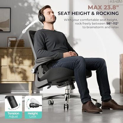 Ergonomic Office Chair Mid Back with Integrated Lumbar Support, Adjustable Height, Thick Memory Foam Seat, Rocking Function, 90° Flip-up Armrests – Comfortable Desk Chair for Home Office