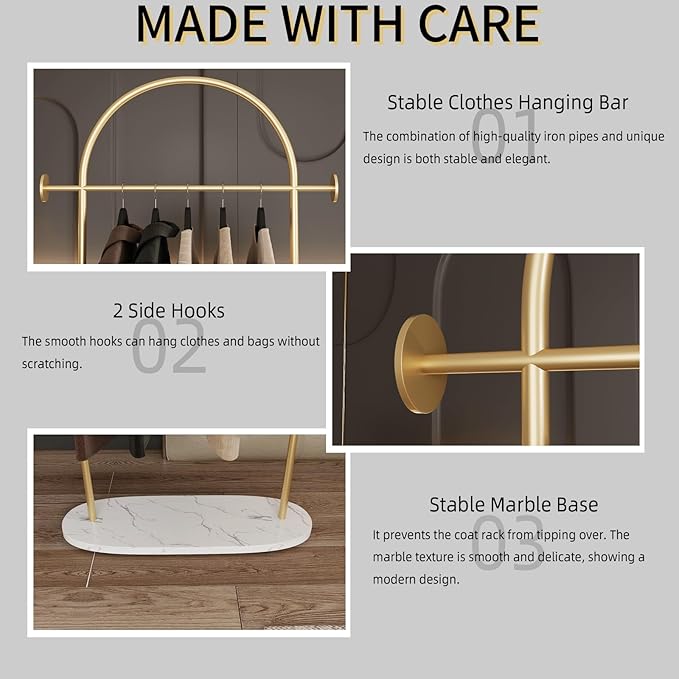 TIEOU Metal Gold Coat Rack, Freestanding Entryway Stand, Hat Coat Hanger, Small Clothing Rack, Modern