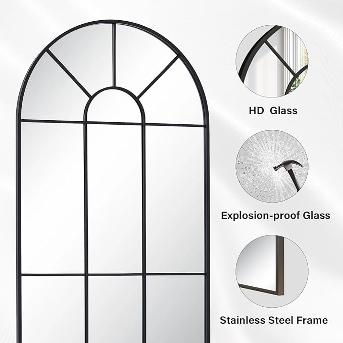 25"×69" Windowpane Arched Full Length Mirror, Grid-Designed Decorative Farmehouse Full Body Floor Mirror with Metal Frame Hanging Leaning for Entryway, Living Room, Home Decor, Black
