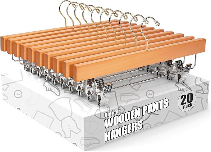 Skirt Hangers 20 Pack Wooden Pants Hangers,Smooth Solid Wood Skirt Hangers,360 Swivel Hooks & Adjustable Clips,for Jeans,Trouser,Shorts,Scarf.(Natural)