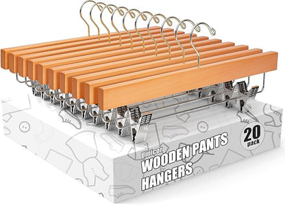 Skirt Hangers 20 Pack Wooden Pants Hangers,Smooth Solid Wood Skirt Hangers,360 Swivel Hooks & Adjustable Clips,for Jeans,Trouser,Shorts,Scarf.(Natural)
