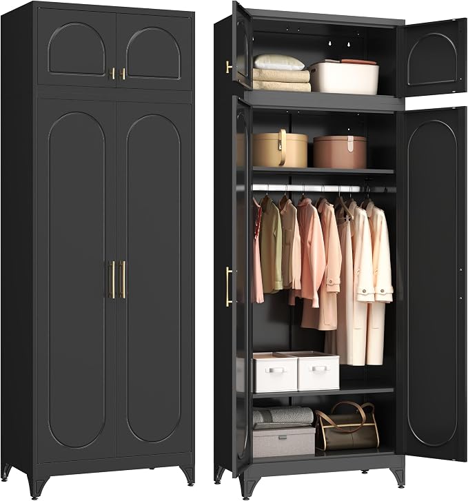 Polup Metal Armoire Wardrobe Closet, 86 Inch Tall Freestanding Wardrobe Cabinet with Hanging Rod, Bedroom Armoires with Doors, 18" D x 32" W x 86" H, Black, Assemble Required, Shipped in Two Packages