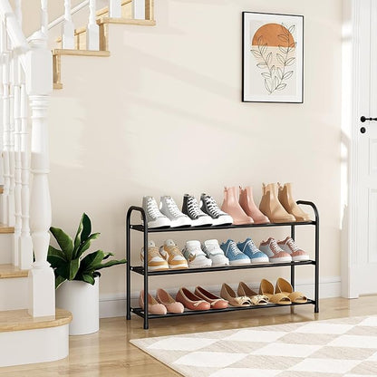 Expandable Shoe Rack for Closet, 18"-32" Metal Shoe Rack for Entryway 3-Tier Adjustable Width Free Standing Shoe Shelf 12 Pairs Small Shoe Organizer for Front Door Garage Bedroom Dorm, Black