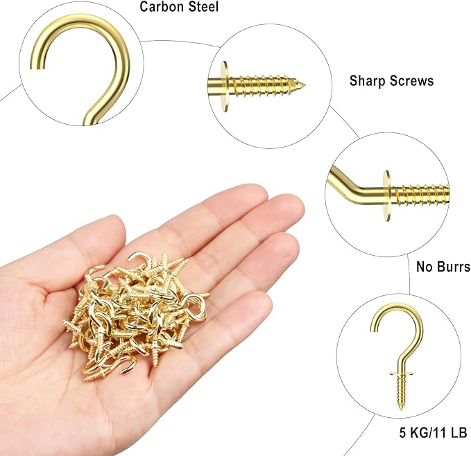 RELBRO 1/2 Inch Small Screw Hooks, Mini Metal Twist in Hooks, Gold, 100 Pcs