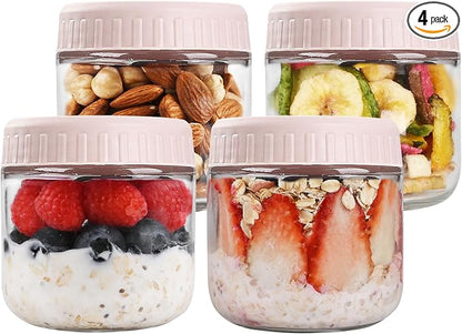 SHOWIN Overnight Oats Containers with Lids, 10oz Glass Jars with Lids 4 pcs, Pink, Wide Mouth Mason jars for Salad, Yogurt, Snacks, Meal Prep