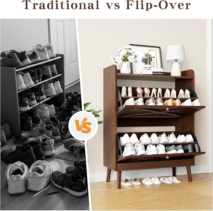 Shoe Storage Cabinet with 2 Flip Drawers & Adjustable Shelves,Narrow Shoe Cabinet Storage with Doors Side Hooks Wooden Shoe Rack Cabinet for Entryway,Hallway,Rustic Brown