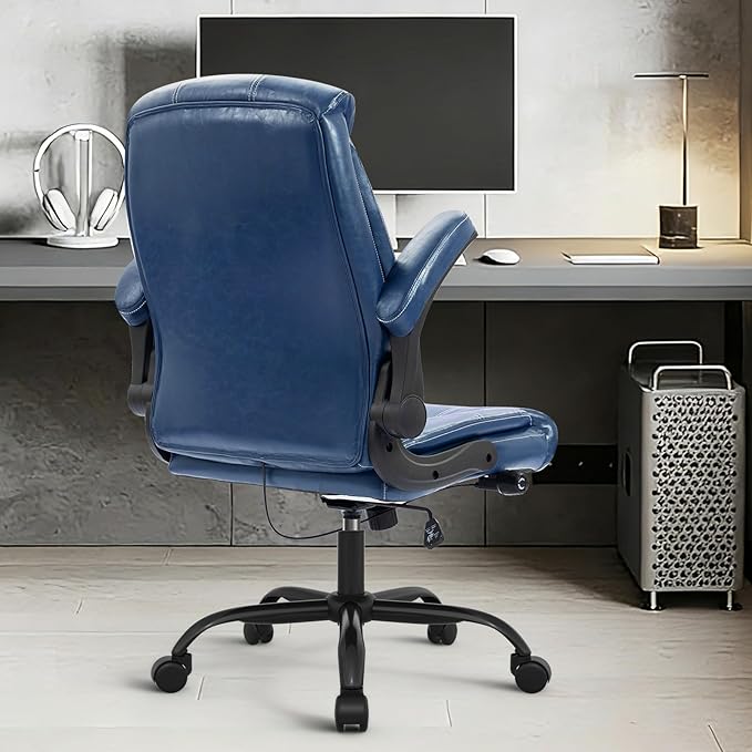 YAMASORO Executive Office Chair,Big and Tall Ergonomic Desk Chair with Adjustable Lumbar Support,Breathable PU Leather Computer Chair wih Flip-up Arms and Wheels,Navy Blue