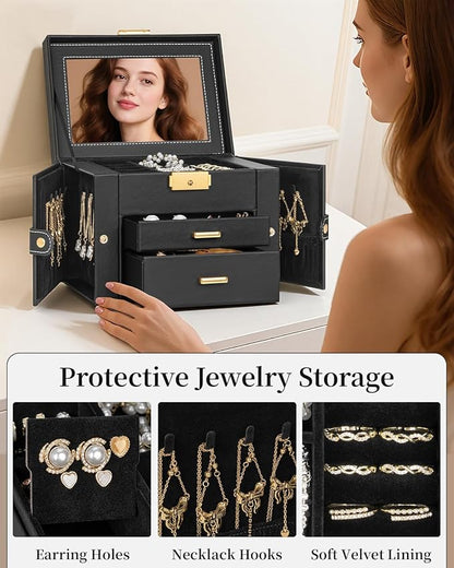 TORIBIO Jewelry Box for Women, Leather Jewelry Organizer with Mirror & Lock, 3-Tier Jewelry Storage Organizer with 2 Drawers for Girls/Women/Mothers, Necklace Earring Bracelets Holder Organizer
