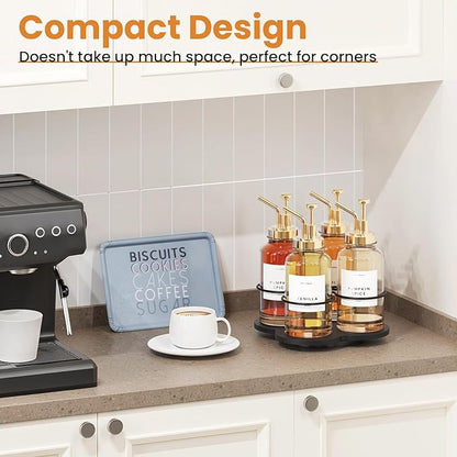 THYGIFTREE Rotating Coffee Syrup Organizer 4 Bottles Syrup Rack Dispenser16.9oz for Countertop Wood Bottle Holder Stand for Coffee Bar Station, Black