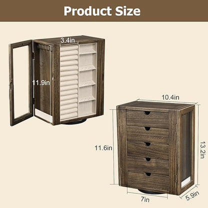 Emfogo 360° Rotating Jewelry Box for Women, Rustic Wooden Jewelry Organizer Box with 5 Drawers, Glass Doors, Vertical Open Design Jewelry Storage Case Display for Earrings Rings Necklaces Bracelets
