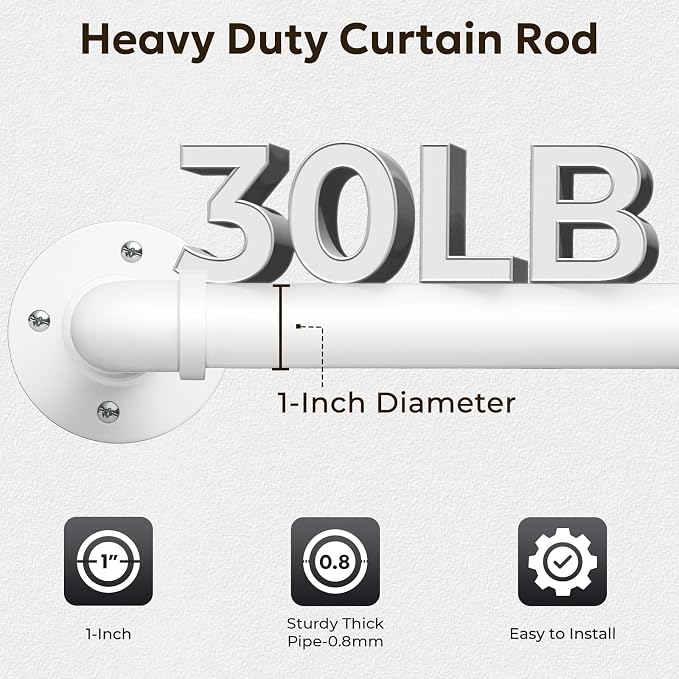 Zeerobee Curtain Rods for Windows 72 to 144, 1 Inch Industrial Wrap Around White Curtain Rod, Indoor/Outdoor Room Divider Adjustable Drapery Pole, 72"-144"