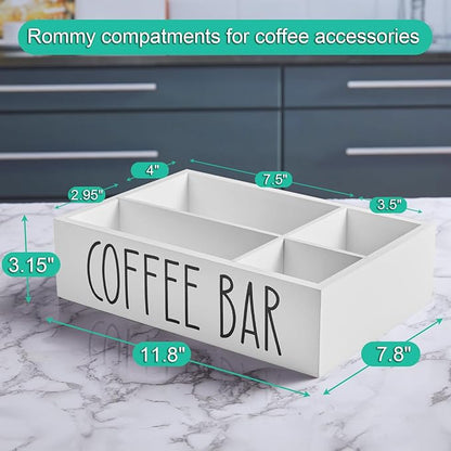 ALELION White Coffee Station Organizer with Removable Dividers – Wooden Coffee Bar Countertop Organizer for Pods, Stirrers, Sugar Packets & Lids, Kitchen, Office, Café Use