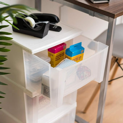 IRIS USA 17 Qt. Medium Plastic Stacking Drawer, Stackable Storage Organizer Unit with Sliding Drawer for Bedroom Kitchen Under Sink Pantry Craft Room Dorm Office, White, 4-Pack