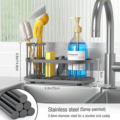 HOKEMOM Grey Sponge Holder for Kitchen Sink,Sink caddy organizer - 2.6mm Thick 304 Stainless Steel Caddy with Rust-Proof Coating, Non-Slip No-Drain Base. Dimensions: 9.84" x 4.72" x 5.83"
