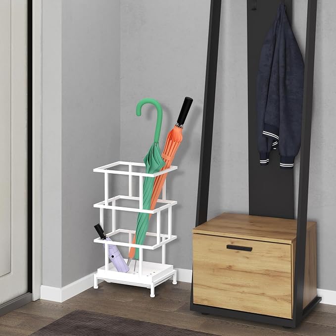 Alyoen Umbrella Holder for Entryway, Metal Umbrella Stand with Water Tray and Cane Holder, Adjustable Feet, 10.4 x 8.4 x 18.7 in, Suitable for Home, Office, and Shopping Mall (White)