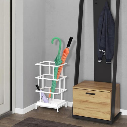 Alyoen Umbrella Holder for Entryway, Metal Umbrella Stand with Water Tray and Cane Holder, Adjustable Feet, 10.4 x 8.4 x 18.7 in, Suitable for Home, Office, and Shopping Mall (White)